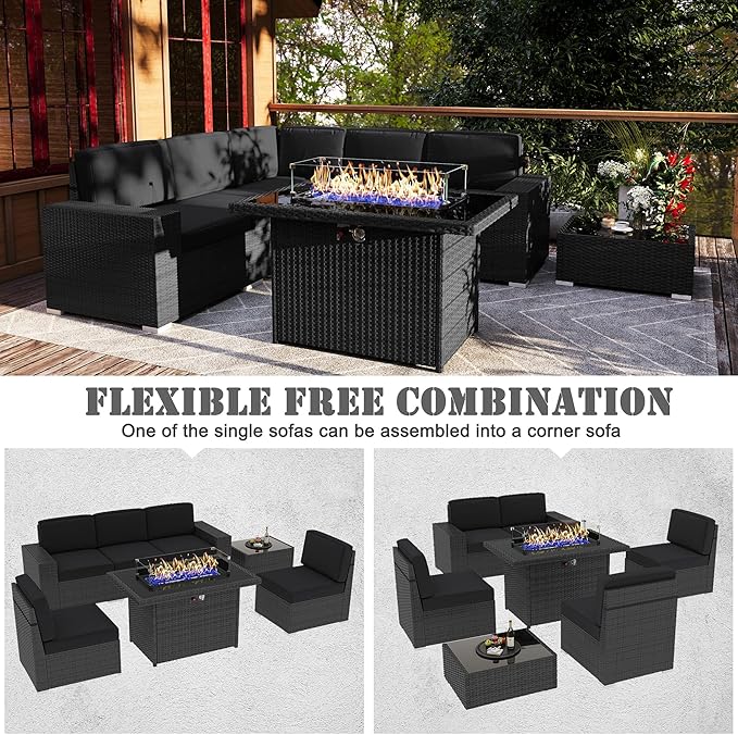 7 Pieces Patio Furniture Set with 44" Propane Gas Fire Pit Table, Outdoor Sectional Wicker Conversation Sofa Sets with Coffee Table