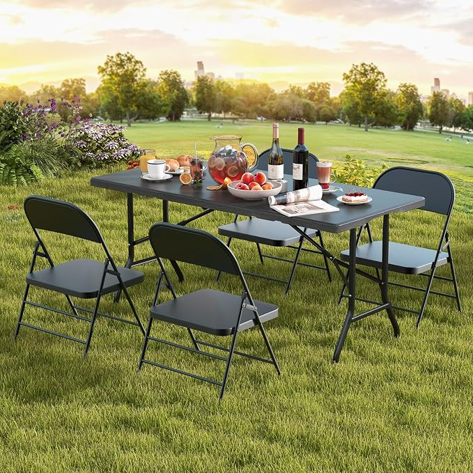 Giantex 5 FT Folding Table, HDPE Foldable Dining Table for 6, Indoor Outdoor Use for Party Banquet Wedding Picnic Camping BBQ, Fold-in-Half Portable Space Saving Design (Black)