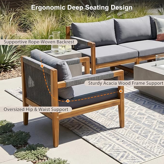 JIVOIT 3 Pieces Outdoor Rope Woven Sectional Sofa Set, Solid Acacia Wood Patio Conversation Set with Three-Seater Sofa and 2 Armchairs, Removable Cushions for Backyard, Deck and Poolside (Grey/24)