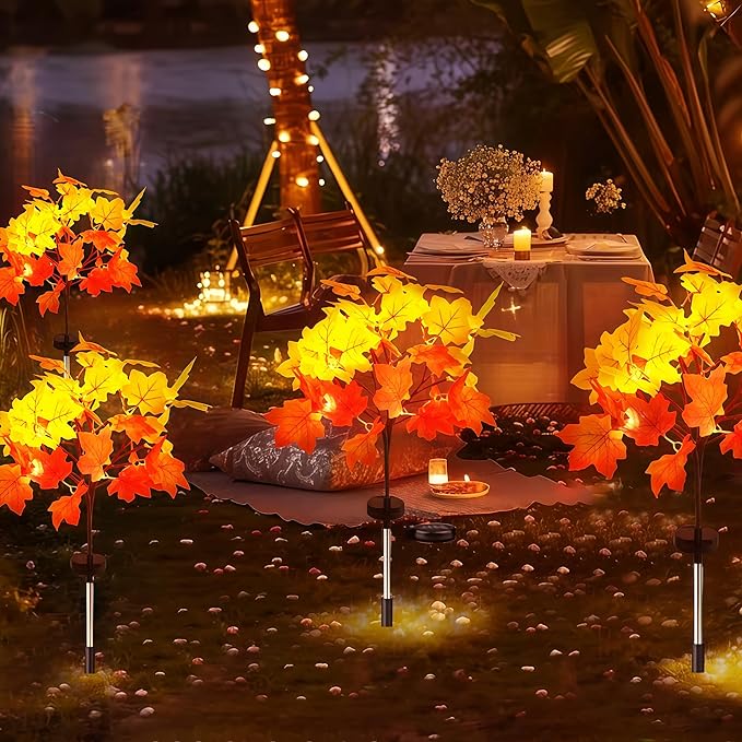 Fall Solar Lights Outdoor Decorative, 4Pack 80LED Solar Fall Lights Waterproof for Yard & Garden,Fall Outdoor Decorations for Yard, Maple Leaf Thanksgiving Halloween Christmas Grave Décor (4 Pack)