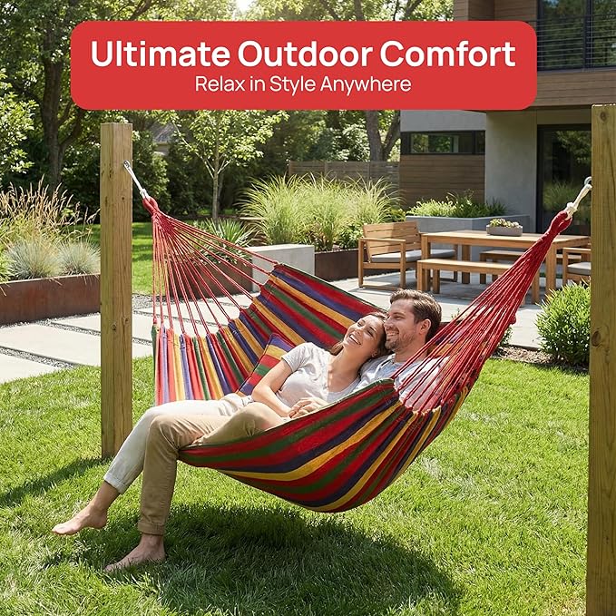 Gardenised Multicolor Striped Fabric Hanging Hammock Chair with Two Matching Cushions Hanging Ropes & Storage Bag Suitable for Patios Balconies Porches and Compatible Indoor Overhead Supports