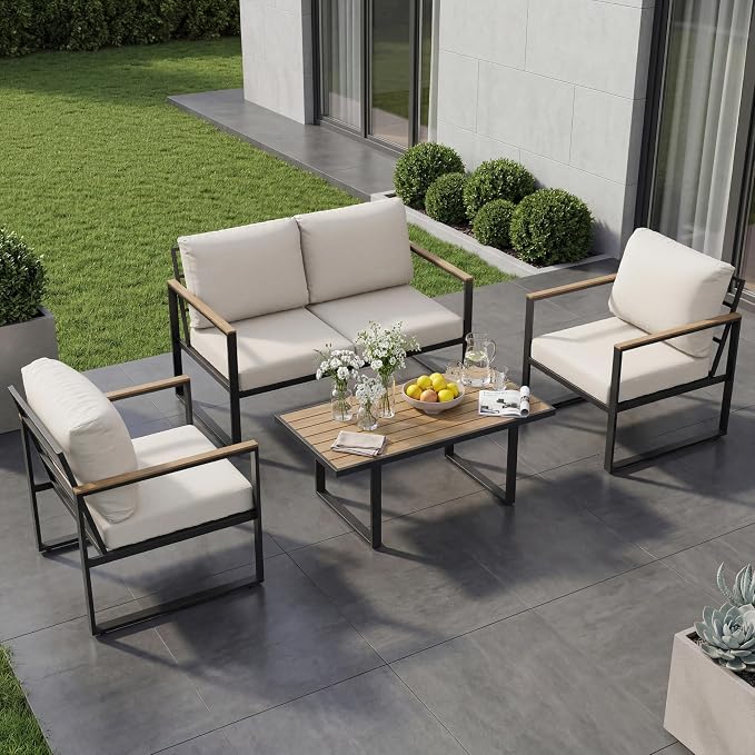 4-Piece Outdoor Patio Furniture Set, Conversation Sofa Set with Table, Metal Frame, All-Weather, UV Resistant & Waterproof Couch for Garden, Balcony, Backyard