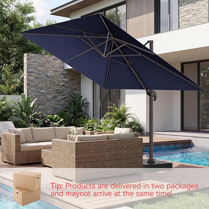 HASLE OUTFITTERS 10x13 FT Patio Cantilever Umbrella with Base, Outdoor Large Offset Rectangular Double Top Heavy Duty Umbrellas with 360° Rotation for Pool Garden Deck，Navy