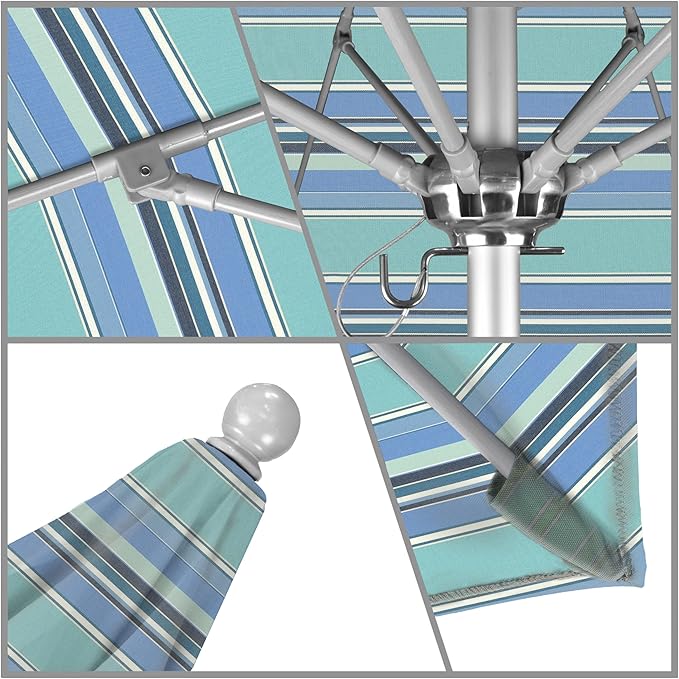 California Umbrella 9' Rd. Venture Series Contract Grade Patio Umbrella, Push Open Pin Stop, Silver Finish, Sunbrella Dolce Oasis
