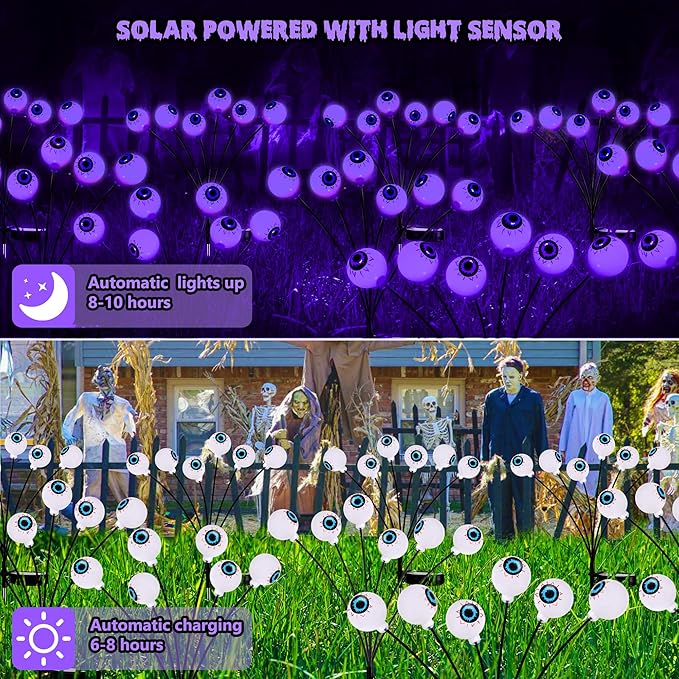 Brizled Purple Solar Halloween Lights, 2 Pack Total 12 LED Halloween Eyeball Lights, 2 Modes Outdoor Purple Swaying Firefly Light Waterproof Scary Pathway Lighting for Outside Garden Yard Lawn Path