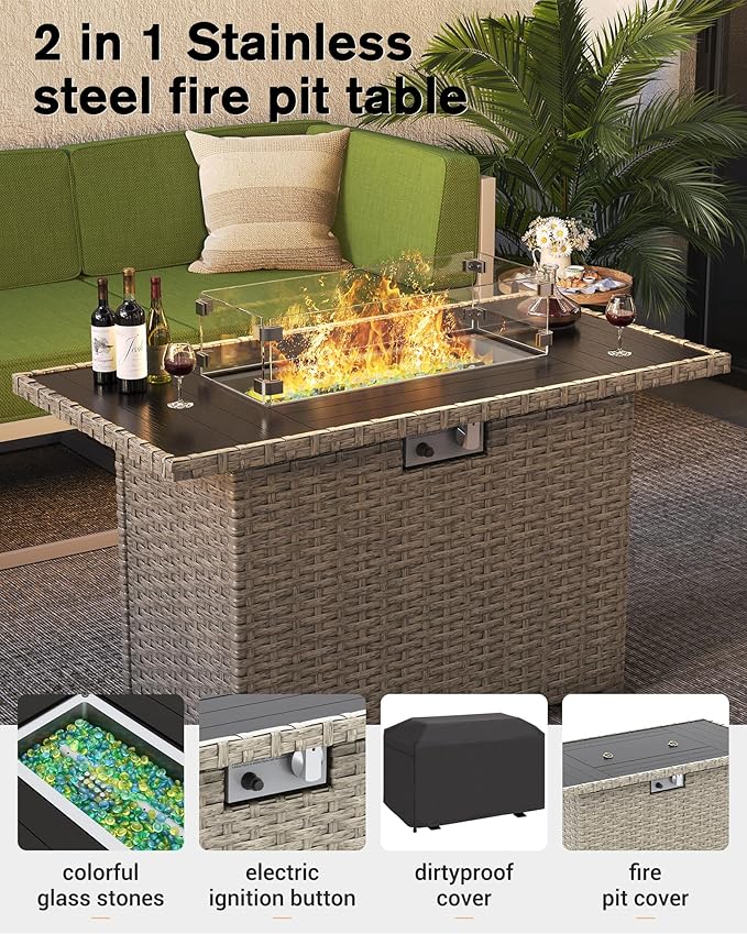 UDPATIO Aluminum Patio Furniture Set with Fire Pit Table, Modular Oversized Outdoor Sectional of Olefin 5 inch Cushion, Coffee Table and Waterproof Cover, Patio Conversation Sets for Porch, Deck