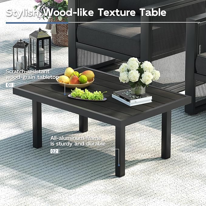 UDPATIO Aluminum Patio Furniture Set with Coffee Table, 4 Piece Modern Aluminum Outdoor Furniture, Patio Conversation Sets with Thickend Cushions and PE Rope, for Garden, Porch, Balcony, Black Grey