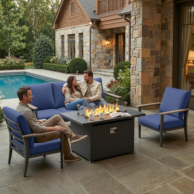 Aluminum Outdoor Patio Furniture Set, 4-Piece Outdoor Sofa with 5.1" Thick Cushions, 55,000 BTU Propane Fire Pit Table, Outdoor Couch for Balcony, Porch, Navy Blue