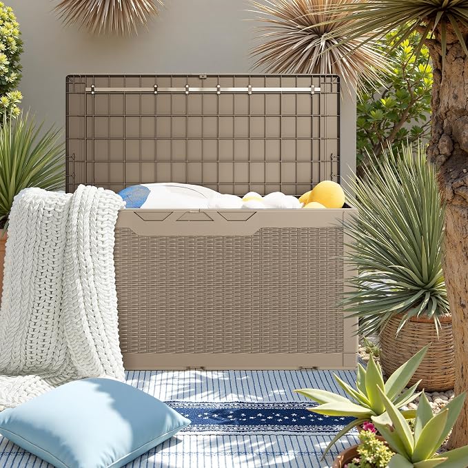 JUMMICO 100 Gallon Resin Deck Box, Waterproof Outdoor Storage Box with Lockable Lid for Garden Tools, Patio Cushions (Light Brown)