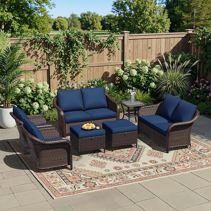 7 Piece Patio Wicker Conversation Set, 2 All-Weather Use Outdoor Wicker Loveseat with 2 PE Rattan Ottomans,2 Chair, 1 Side Table, Ideal for Porch, Backyard, Balcony, Poolside, Blue