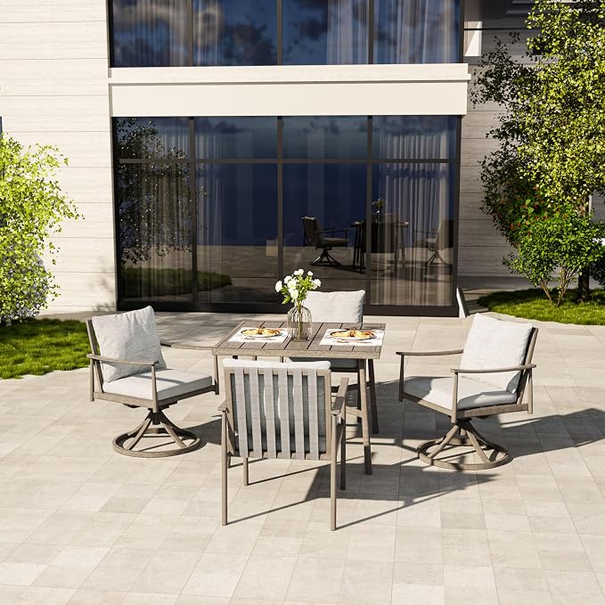 HAPPATIO Patio Table for 4, Modern Square Outdoor Dining Table with Umbrella Hole and Adjustable Feet, All Weather Aluminum Patio Table for Garden, Backyard and Poolside, Grey