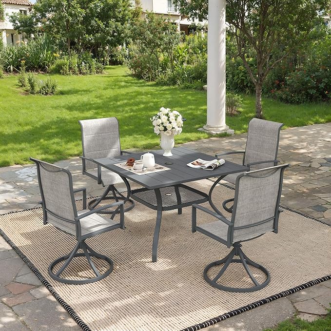 VICLLAX 5 Pieces Outdoor Dining Set, Patio Furniture Set Includes 38" Square Metal Table W/ 1.9" Umbrella Hole and 4 Padded Textilene Swivel Chairs for Porch, Lawn, Garden, Backyard