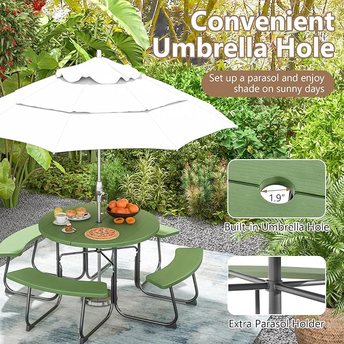 HAPPYGRILL 8-Person Picnic Table Bench Set with Umbrella Hole, 43” Outdoor Dining Table w/4 Benches, Wood-Like Texture Tabletop, Stable U-Shaped Base, Round Table for Backyards, Green