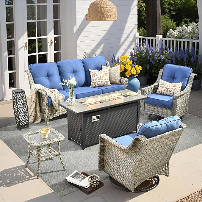 HOOOWOOO Patio Furniture Set,5 Pieces Wicker Outdoor Furniture,High Back Conversation Set with All Weather Resistant Fire Pit Table Couch Swivel Chairs,Denim Blue