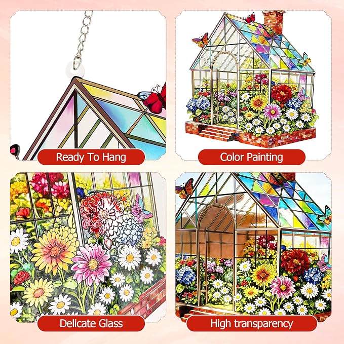 Stained Glass Suncatcher Window Hanging, Marzovitra 10 Inch Greenhouse Garden with Flowers Butterflies, Colorful Floral Real Glass Panel for Home Sunroom Patio Porch Indoor Outdoor Decor Gift Idea