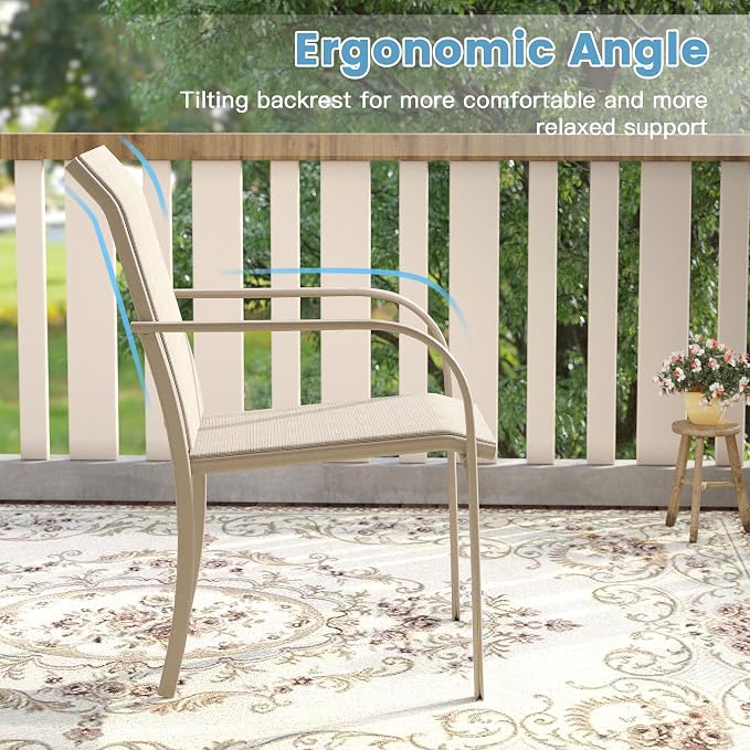 DIFY 9 Pieces Outdoor Patio Dining Set for 8, 53" Sandshell Round Metal Dining Table and 8 Sandshell Stackable Sling Dining Chairs, Outdoor Table and Chairs for Lawn Garden Backyard Deck