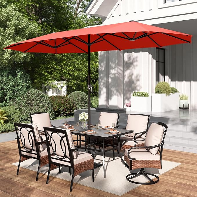 PHI VILLA 13ft Outdoor Market Umbrella Double-Sided Twin Large Patio Umbrella with Crank, Orange Red