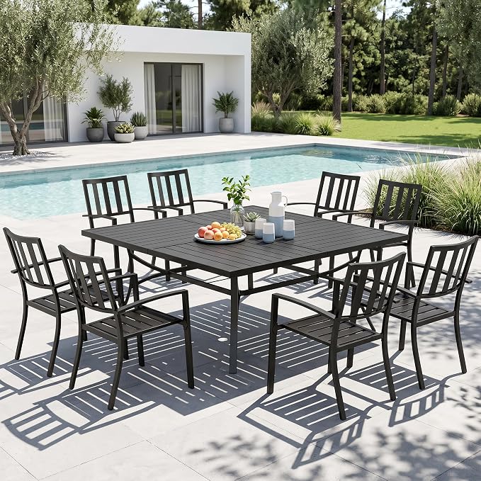 MFSTUDIO Outdoor Dining Set for 8, Patio Dining Set with Square Table, 9 Piece Patio Table and Chairs Set, Metal Outdoor Patio Furniture Set for Deck Backyard Poolside Garden