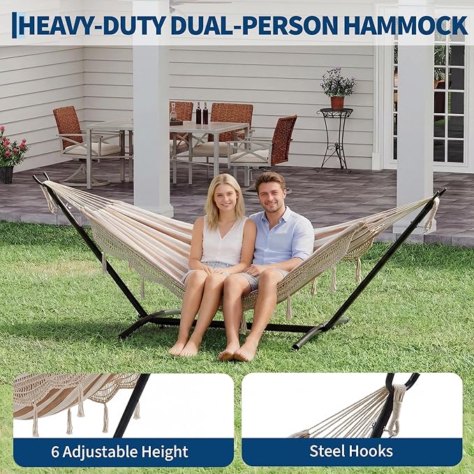 2 Person Hammock with Heavy-Duty Steel Stand, Portable Double Hammock with Lace, MAX 450 LBS Capacity for Outdoor Patio Backyard Poolside, Easy Assembly