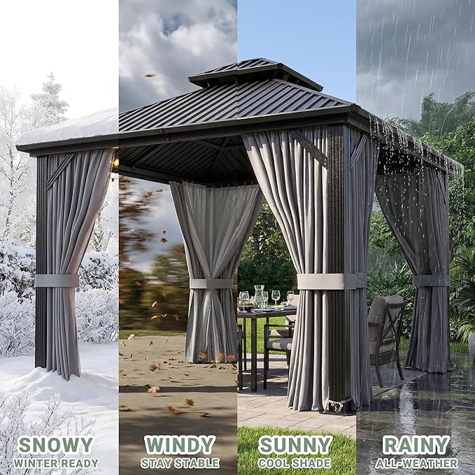 AirWire 10'x12' Gazebo Hardtop Gazebo, Aluminum Frame Pergola with Double Galvanized Steel Roof, Permanent Outdoor Metal Canopy with Curtain & Netting for Patio, Backyard, Deck, Dark Grey