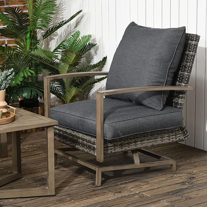 Outsunny 4 Piece Wicker Patio Furniture Set with 2 Rocking Chairs, Loveseat Sofa, Outdoor PE Rattan Conversation Set with Cushions, Aluminum Table for Porch, Poolside, Dark Gray
