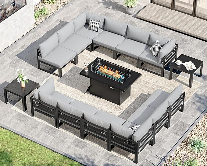 NICESOUL 15 Piece Oversized Aluminum Outdoor Patio Furniture Set with Fire Pit Table & Side Table, 29" Deep Wide Sectional Seating, 500 lbs High Weight Capacity Conversation Set for Deck, Light Gray
