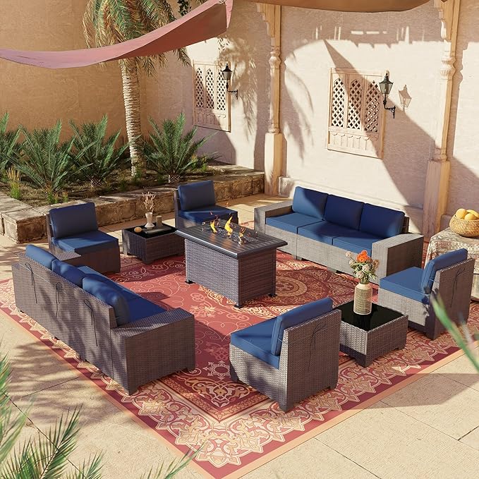 13 PCS Outdoor Patio Furniture Set,Outdoor Sectional Furniture with 43" 55000 BTU Gas Propane Fire Pit Table,All Weather PE Rattan Wicker Patio Conversation Set,Navy Blue