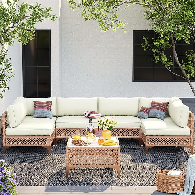 7-Piece Generous Patio Furniture Set, Wicker Outdoor Sectional Set with Large Tempered Glass Coffee Table, Boho Patio Conversation Couch Set with Thickened and Enlarged Cushion and Throw Cushion