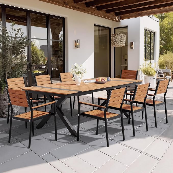 Pellebant 9 Piece Patio Table and Chairs Set, Aluminum Outdoor Dining Set with Umbrella Hole, 94" Dining Table & Stackable Chairs, Weather Resistant Teak Wood Grain Finish for Deck, Porch, Backyard