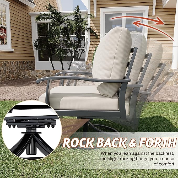 HOMREST Outdoor Furniture Thickened Cushion 360 Degree Swivel Rocking Patio Chairs and 3-Seat Sofa, Loveseat, Coffee Table, 5 PCS Metal Conversation Set for Garden, Deck and Poolside