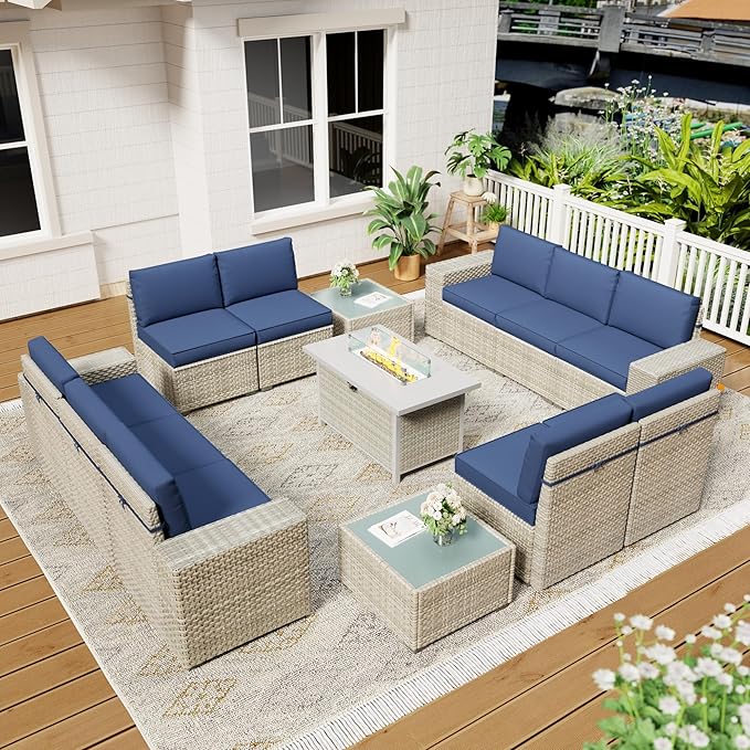 13 Piece Patio Furniture Set, 8" Wide Arm Sectional Sofa Set with 50000 BTU Propane Fire Pit Table & Coffee Table, Rattan Outdoor Conversation Set for Garden, Porch, Lawn, Blue