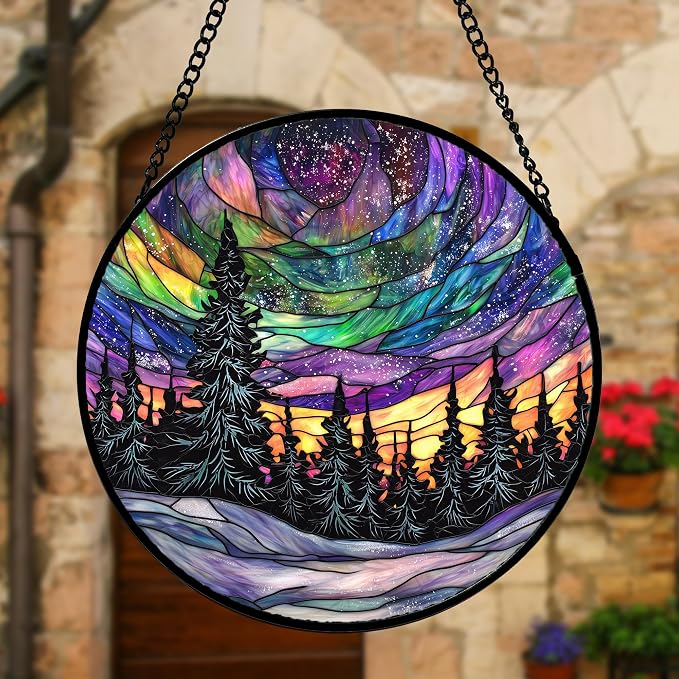 DASTOLL Stained Glass Window Hanging, Van Gogh Night Scene Sun Catchers Colorful Glass Panel Starry Sky Suncatcher Decor for Birthday for Women, Men, Wife, Aunt, and Mom 6.3 in
