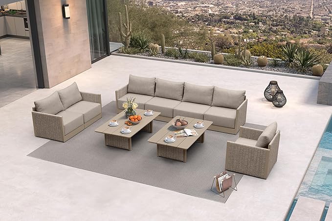 PURPLE LEAF 9 Pieces Patio Conversation Sets with Thick Cushions and Pillows Outdoor Couch Sectional Set Patio Conversation Set for Garden Poolside Backyard Beige