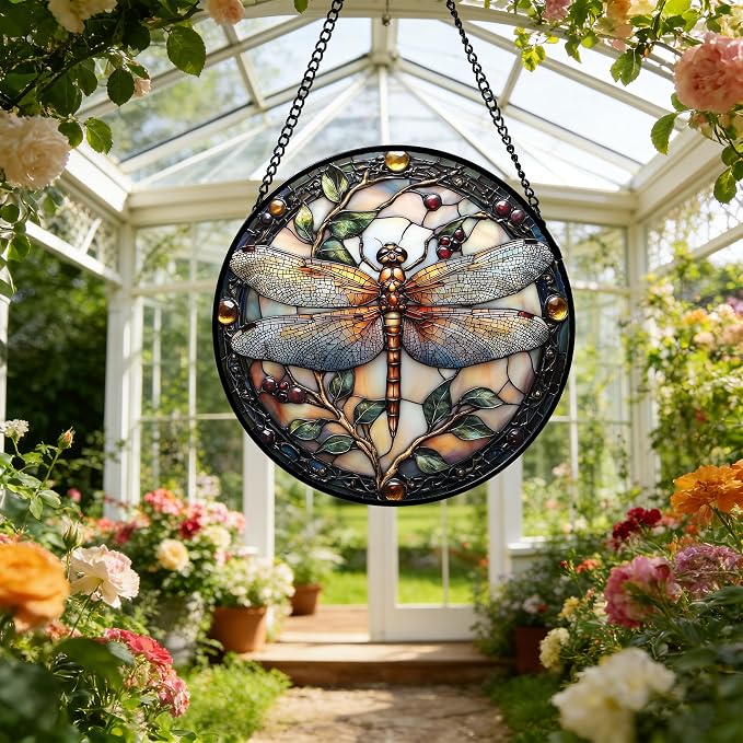DASTOLL Stained Glass Window Hanging - Dragonfly Plant Suncatcher Ready to Hang Window Doors Home Decoration, Christmas, Mother's Day Birthday Gifts for Women, Men, and Mom 6.3X6.3IN