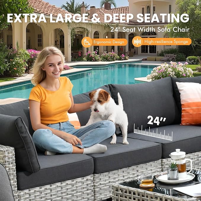 Outdoor Sectional Patio Furniture Set with Fire Pit Table and Glowing Table,6 Pieces Wicker Conversation Sets L Shaped Couch Out Door Sofa Set Outside Furniture for Garden Deck Yard,Black