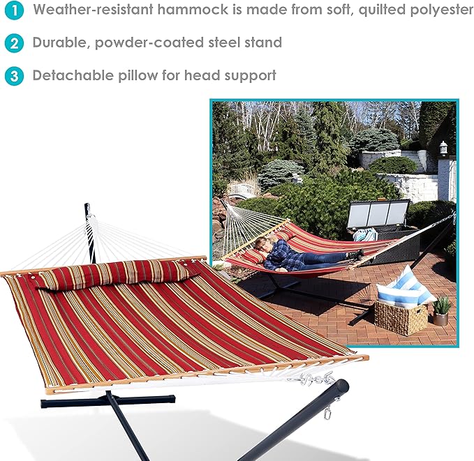 Sunnydaze Quilted Double Hammock with Stand for Outside - 350-Pound Capacity 2-Person Hammock with Stand - 12-Foot Stand - Red Stripe
