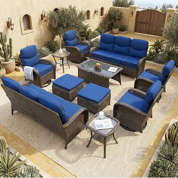 Patio Furniture Set with Luxury 6" Cushions, 11 Pieces Swivel Rocking High Back Patio Chairs, Couch and Ottoman, Outdoor Wicker Conversation Set for Deck, Porch, Backyard, Poolside, Blue