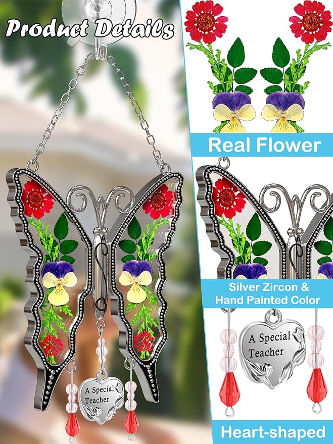 KY&BOSAM Butterfly Suncatcher A Special Teacher Stain Glass Suncatchers for Window Hanging Wind Chime Preserved Flower Wings in Glass and Heart Charm Gift for Teacher Appreciation Graduation Gifts