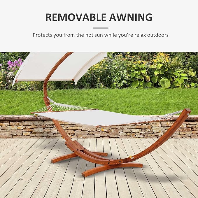 Outsunny 13FT Wooden Arc Hammock with Canopy, Outdoor Hammock Bed with Wood Arc Stand for Patio Balcony Garden Backyard, White