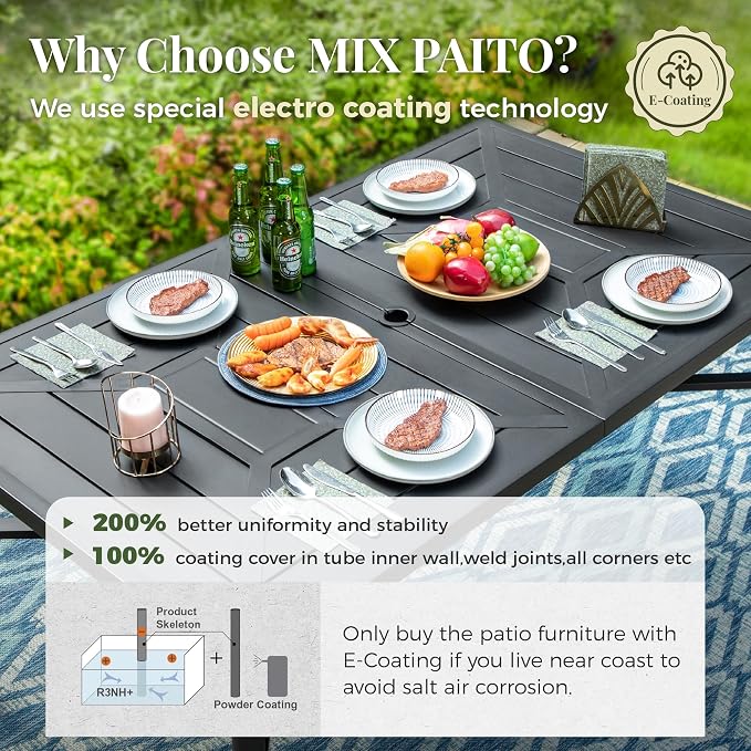 MIXPATIO 7 Pieces Patio Table and Chairs Set, Patio Dining Set for 6, 6 Textilene Chairs and 1 Metal Rectangle Dining Table with Umbrella Hole, for Deck Backyard Lawn Poolside, Blue