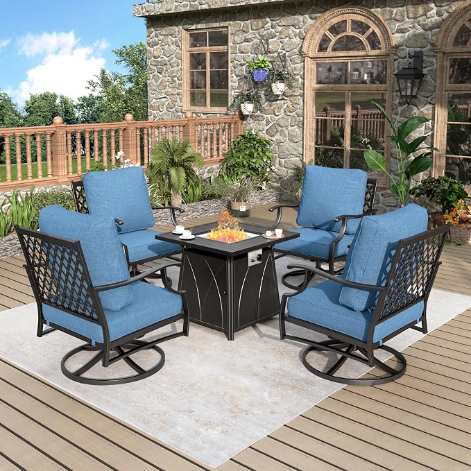 MIXPATIO Patio Furniture Set with Fire Pit Table, 5 Pcs Metal Outdoor Conversation Set, 4 Swivel Chairs with 5.75" Extra Thick Cushion and 28" Fire Pit Table for Backyard Deck, Navy Blue