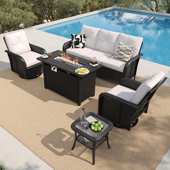 LazySunsets 7 Piece Outdoor Patio Furniture Set with 44'' Fire Pit Table, Outdoor Patio Furniture Set with High Back Swivel Rocker Chairs, Wicker Sofa Set with Thick Cushions, Beige