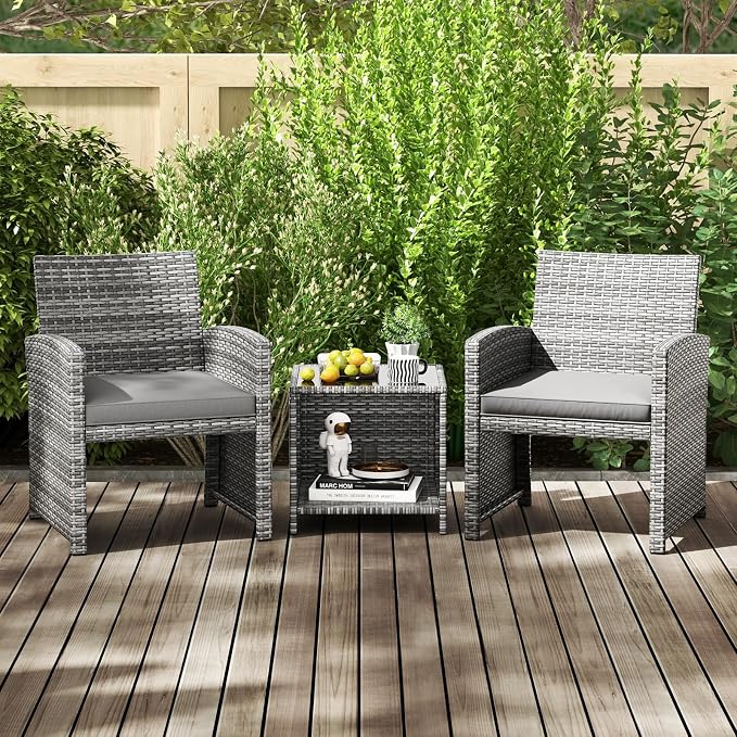 Tangkula 3 Pieces Patio Furniture Set, PE Rattan Outdoor Chairs with Tempered Glass Coffee Table & Soft Seat Cushions, Patio Bistro Set, Outdoor Conversation Set for Porch, Backyard Poolside (Grey)