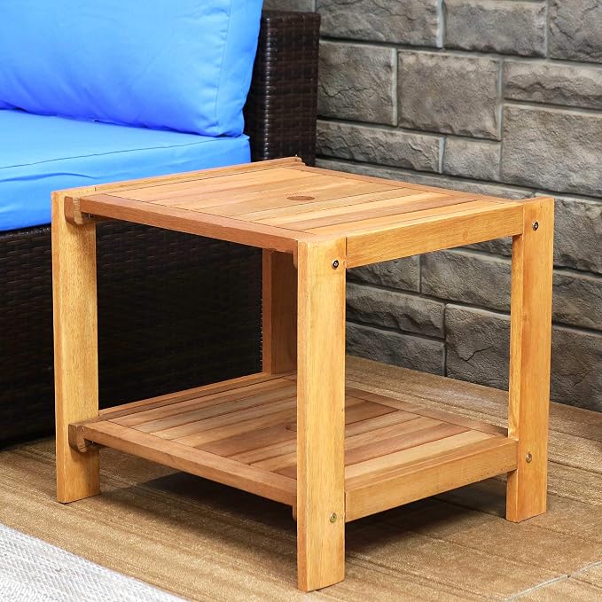 Sunnydaze 20-Inch Outdoor Side Table for Patio or Porch – Wooden Adirondack End Table with Umbrella Hole – Ideal for Holding Drinks & Balcony Essentials - Meranti Wood with Teak Oil Finish
