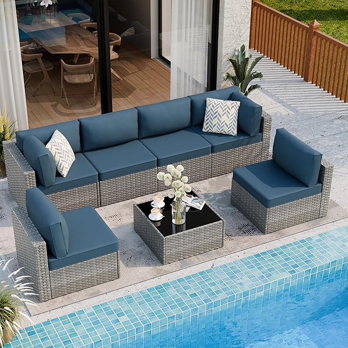 Shintenchi 7 Pieces Outdoor Patio Furniture Sets, Patio Sectional Sofa Couch, Silver Gray PE Wicker Furniture Modular Patio Conversation Sets Patio Sofa with Washable Cushions & Coffee Table (Blue)