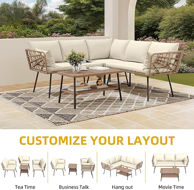 DWVO 4 Pieces Patio Furniture Set Outdoor Wicker Conversation Sectional L-Shaped Sofa with 2-Tier Coffee Table and Thick Cushions Outdoor sectional with 5 Seater for Backyard Porch (Beige)