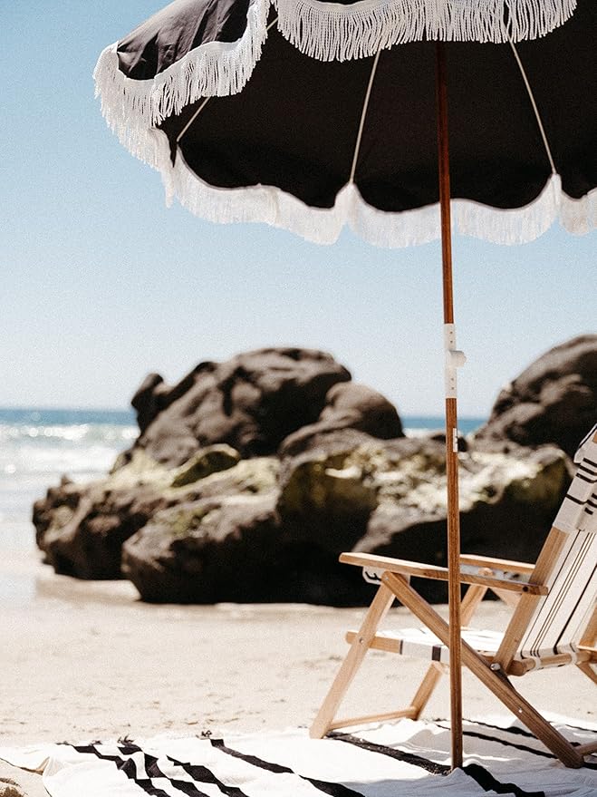 Business & Pleasure Co. Holiday Umbrella - Boho Beach Umbrella with White Fringe, UPF 50+, 1" Tilting Wood Pole, 5’ x 6.5’, Vintage Black