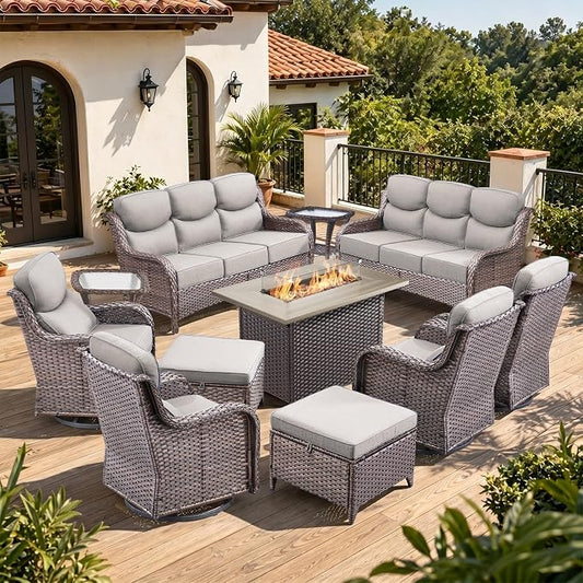 Luxury 6" Thick Cushion 11 Pieces Wicker Patio Furniture Set with 41”Fire Table, Outdoor Conversation Set with Swivel Rocker Chairs Set of 4 and Patio Couch for Deck Porch Yard and Poolside