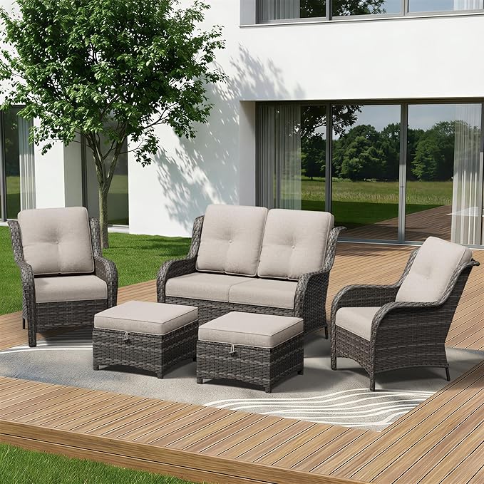 5 Piece Outdoor Wicker Patio Furniture Set, Patio Chairs Set with Thickened Olefin Cushions, High Back and Deep Seating, Hand-Woven PE Rattan, Ottoman for Porch, Deck