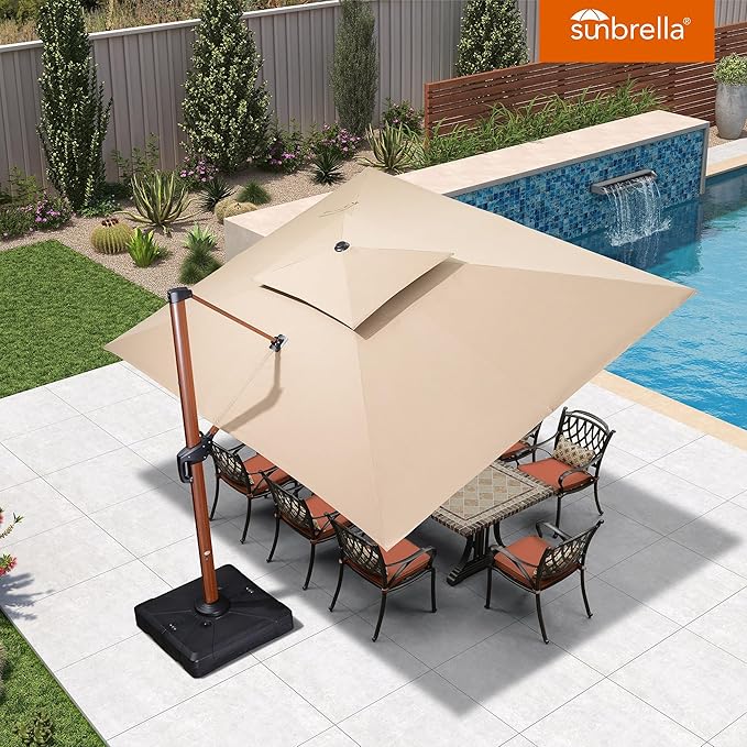 PURPLE LEAF 10' X 13' Patio Large Cantilever Umbrella Double Top Deluxe Outdoor Rectangle Wood Pattern Umbrellas Offset Umbrella Heavy Duty Sun Umbrellas for Garden Deck Pool, Heather Beige